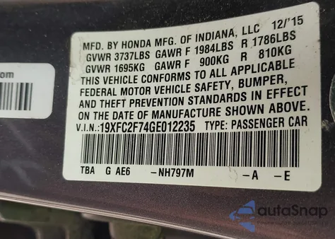 2016 Honda Civic Ex из США, поврежденный, VIN 19XFC2F74GE012235